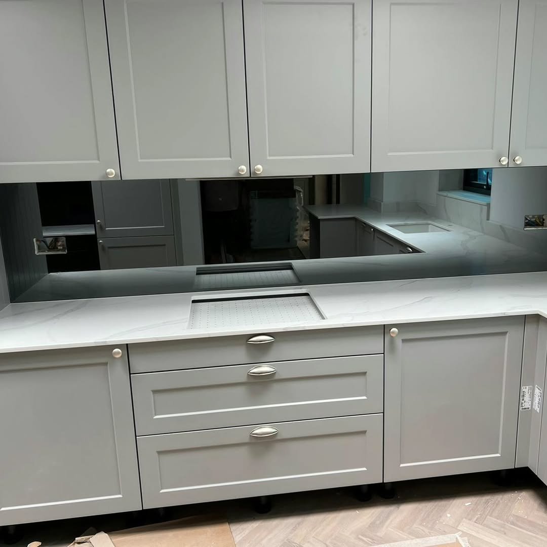 Grey mirror splashback manufacturing detail