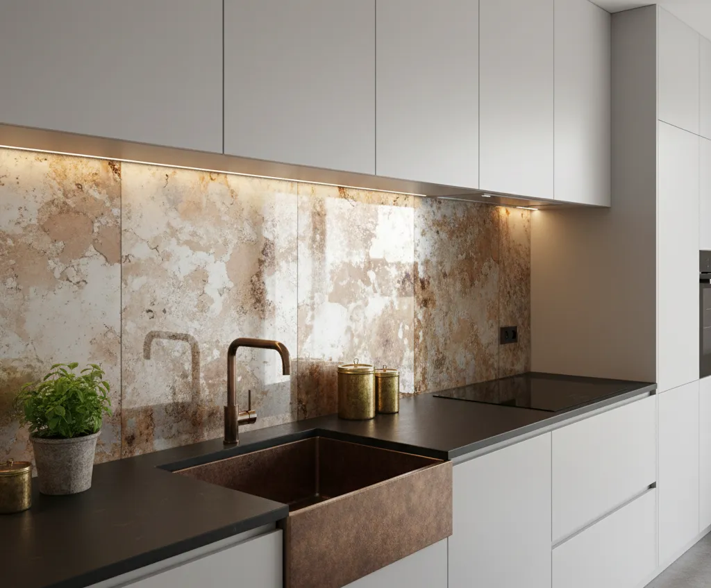 Antique glass splashback with aged mirror finish installed in a kitchen