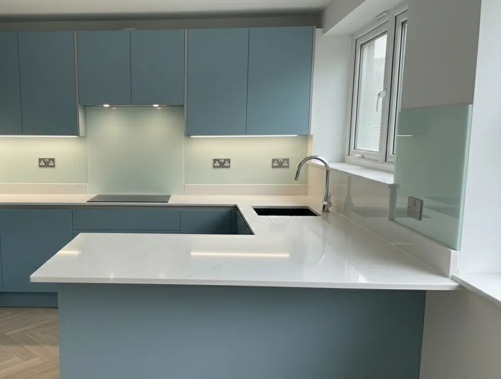 Wallpaper protected by clear glass splashback behind a kitchen hob