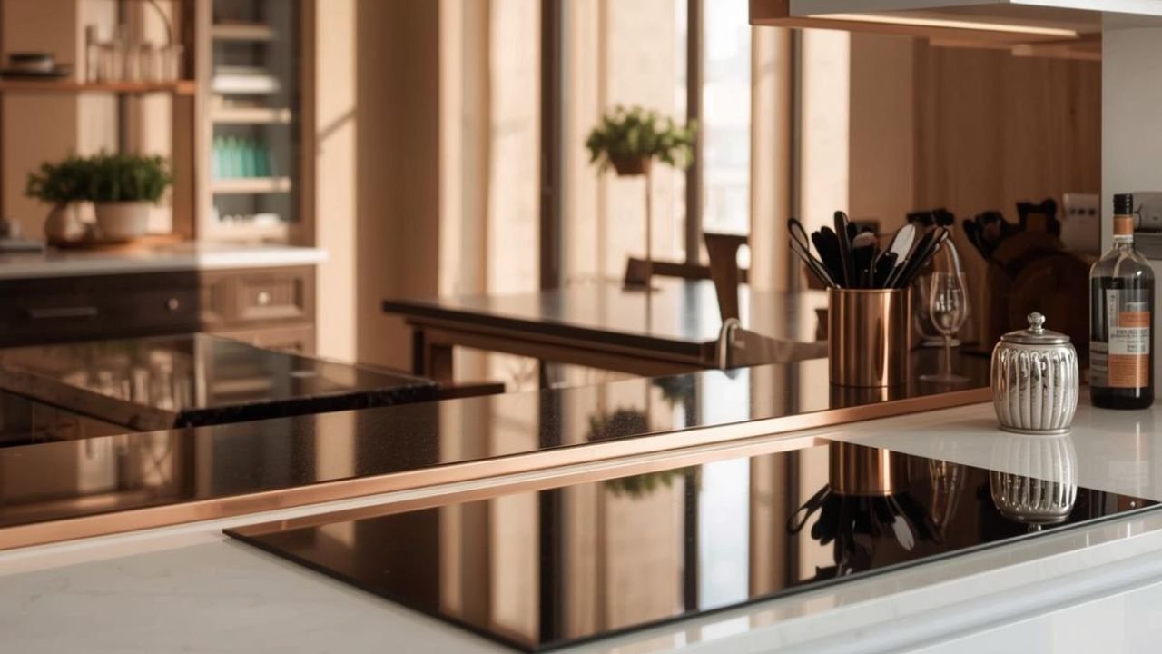 Grey mirror splashback fitted in compact kitchen