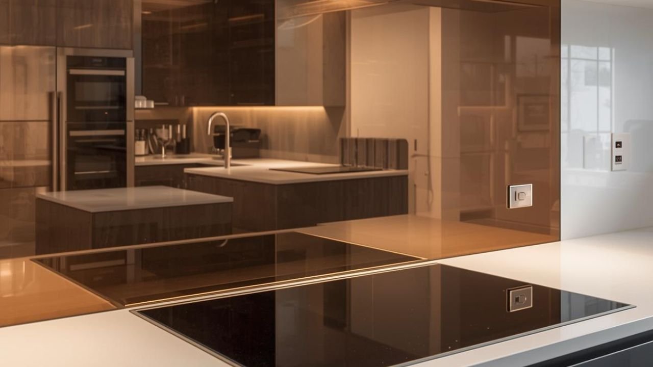 Grey mirror splashback full wall installation