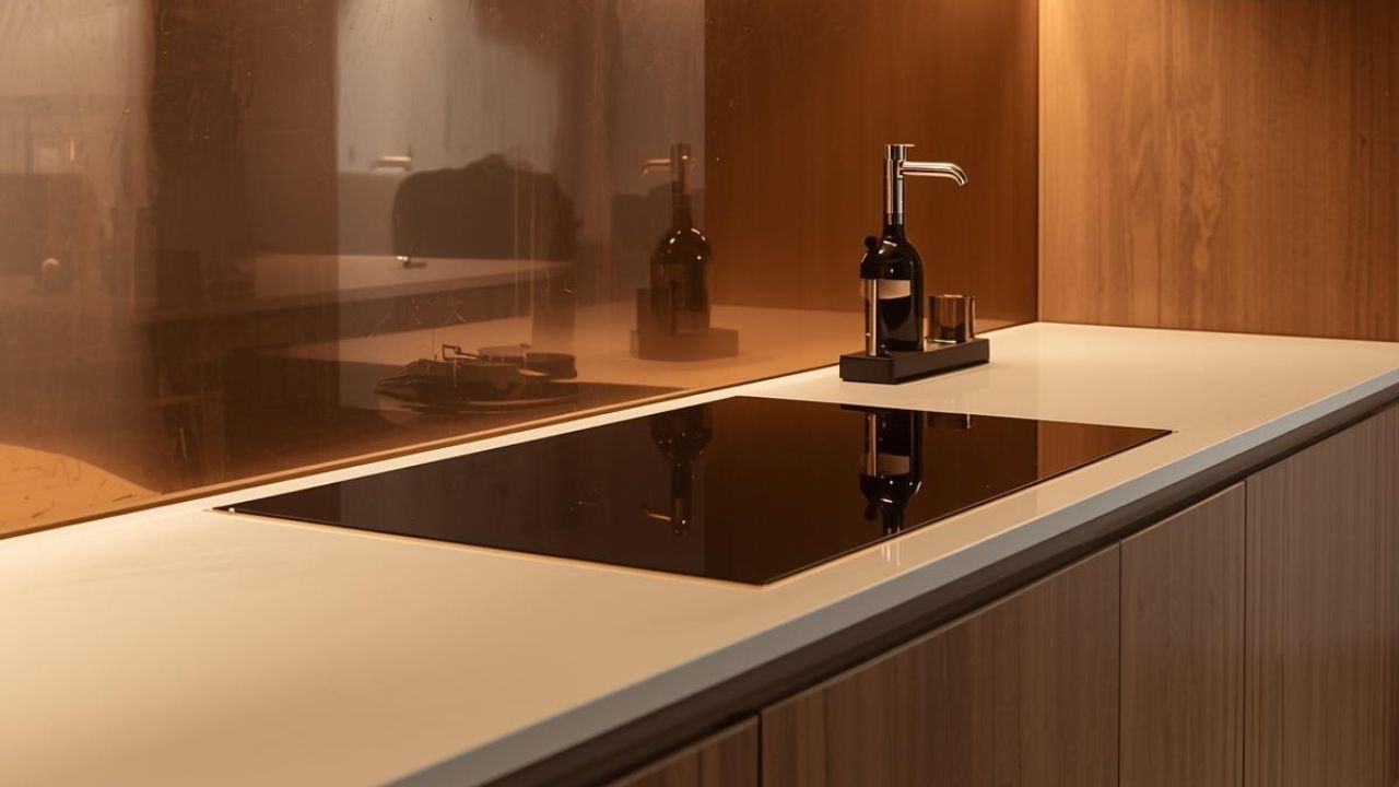 Close-up detail of bronze mirror splashback reflection