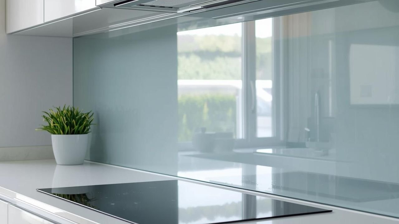 Clear glass splashback installation with chrome screw caps behind a kitchen hob
