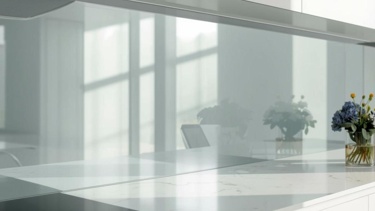 Grey mirror splashback behind cooker and hob