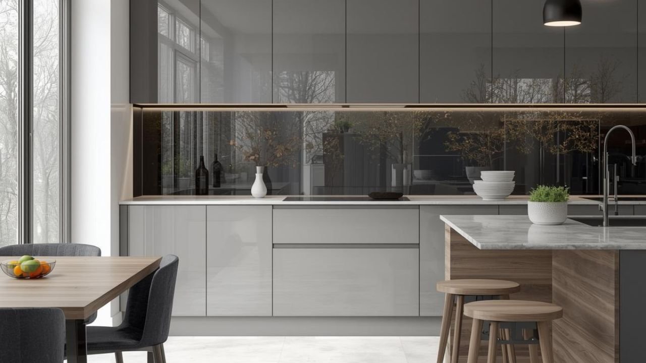 Grey mirror splashback behind cooker and hob