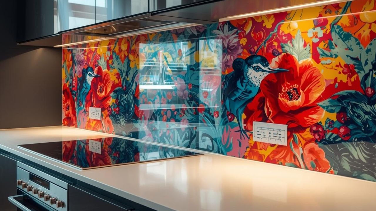 Printed glass splashback sample showing high definition print quality