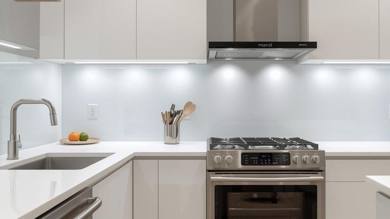 White glass splashback sample showing low iron Optiwhite finish