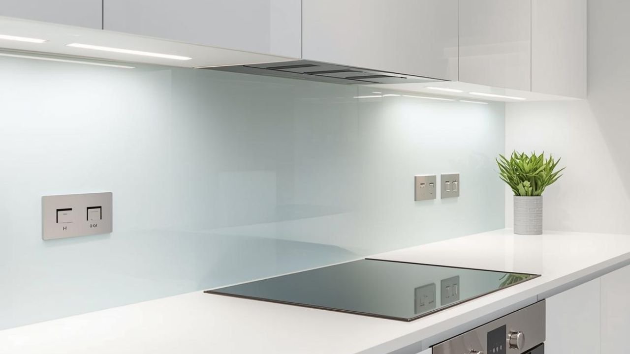 Grey mirror splashback behind cooker and hob