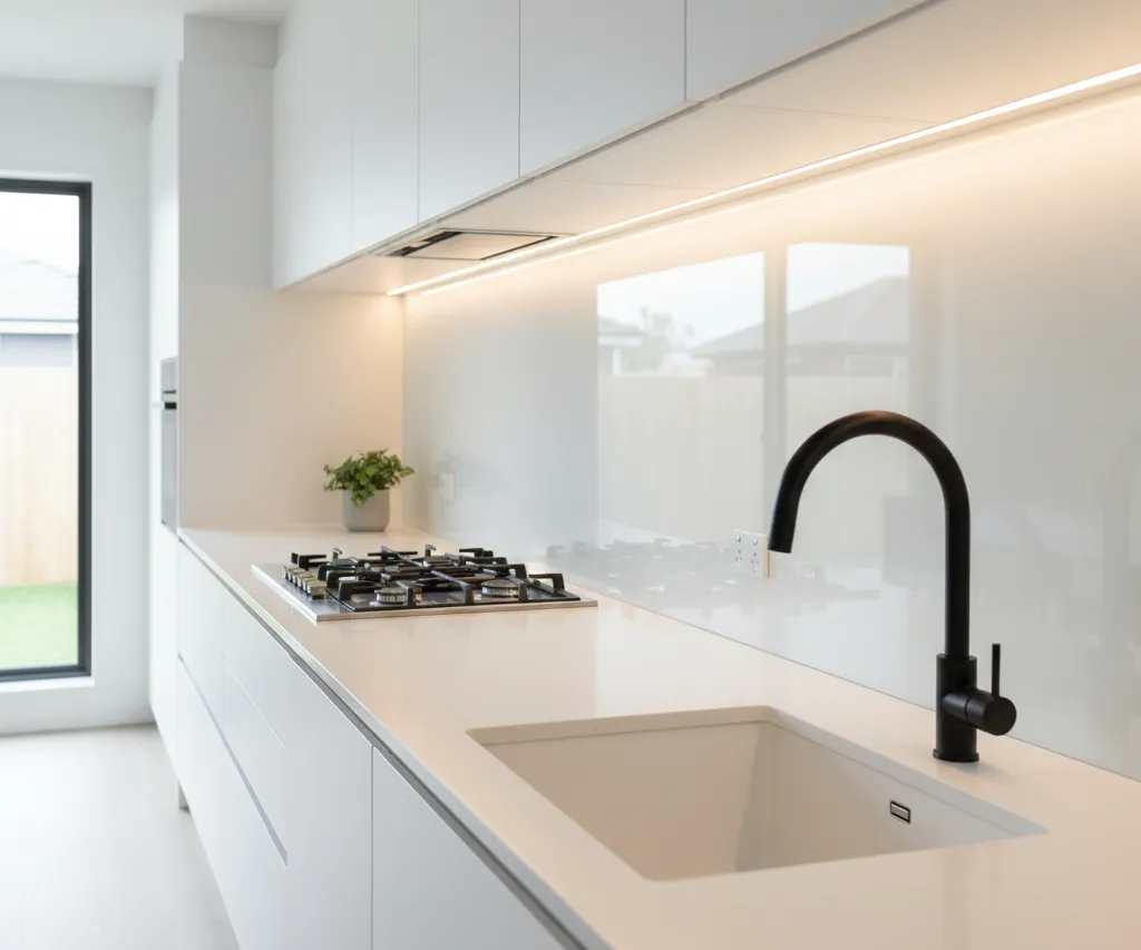 Comparison of low iron white glass versus standard glass in a kitchen splashback